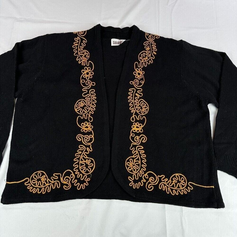 Vintage Country Suburbans Black Cardigan Sweater With Gold Embroidery Size XL